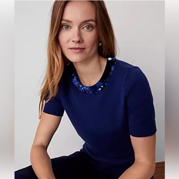 NEW $90 Ann Taylor Sequin Neck Sweater short sleeve in deep ocean blue sz L - Picture 1 of 1